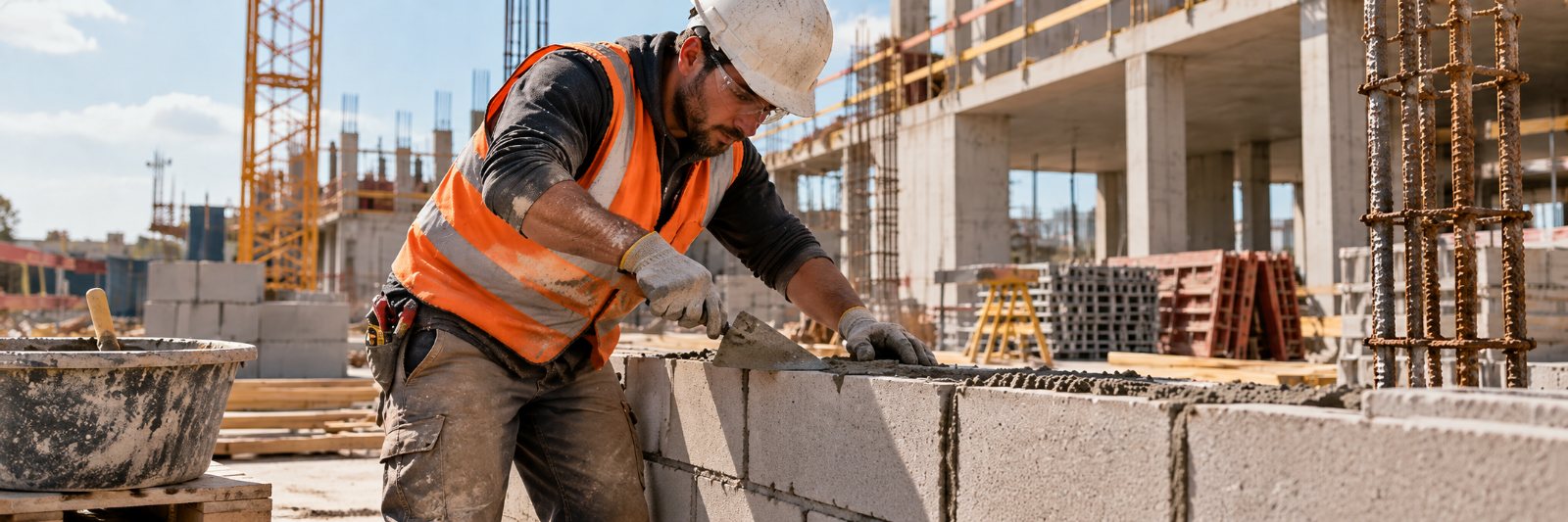 Un maçon monte un mur de parpaings sur un chantier