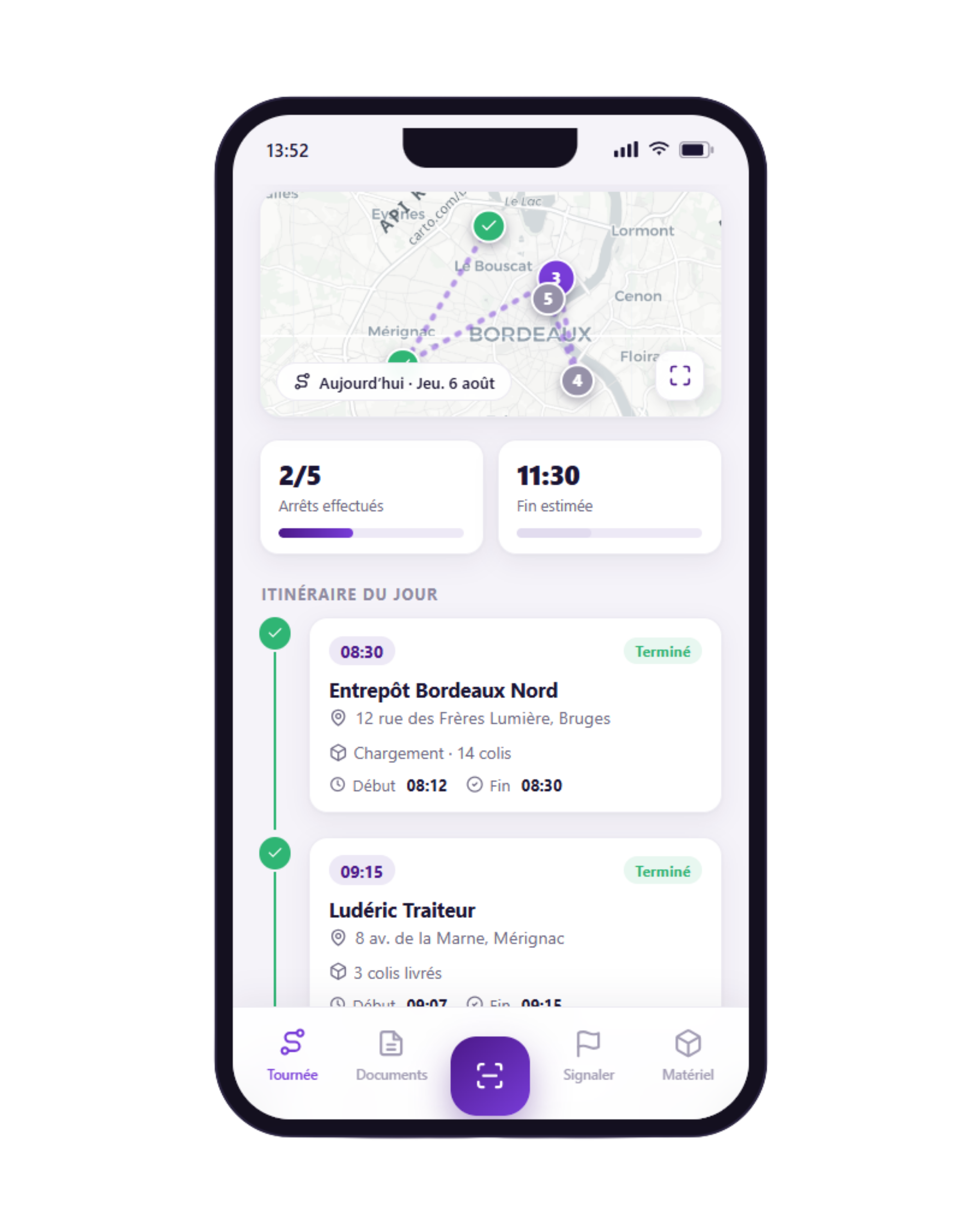 L'application conducteur ValyDrive sur smartphone : tournée du jour, carte des arrêts et barre de navigation.